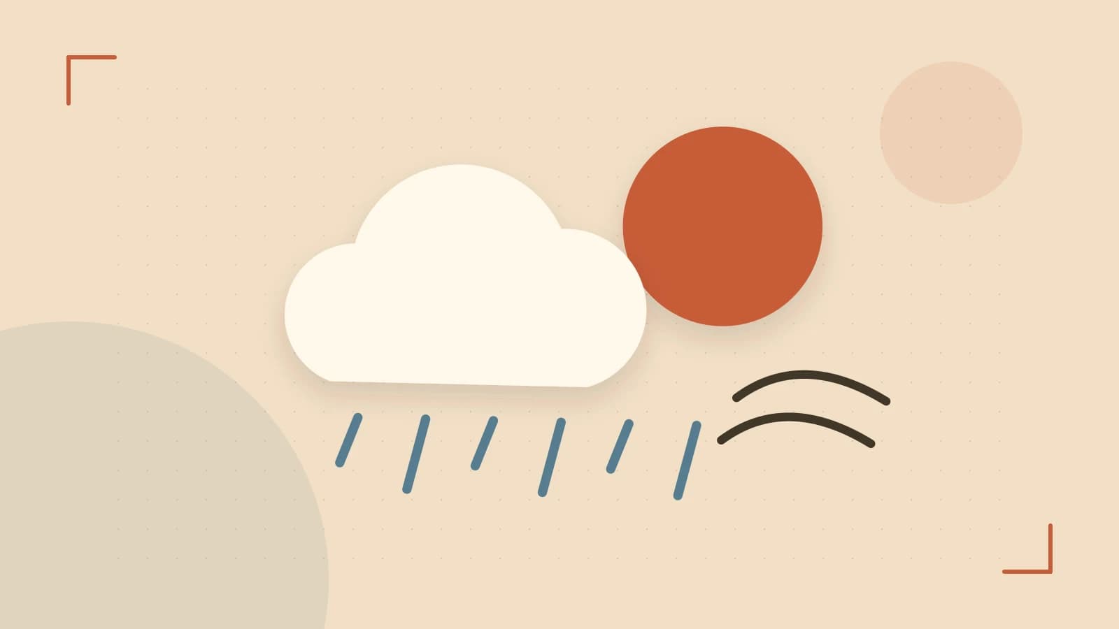 Editorial illustration of a sun, layered clouds, raindrops and flowing weather patterns