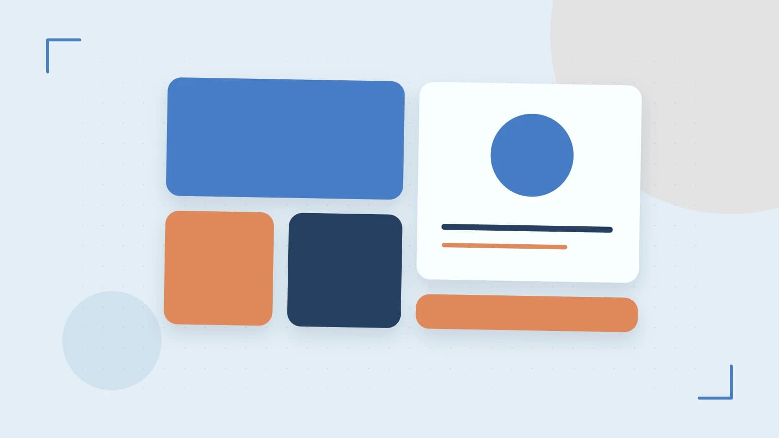 Editorial illustration of responsive browser layouts, overlapping design components and a color system
