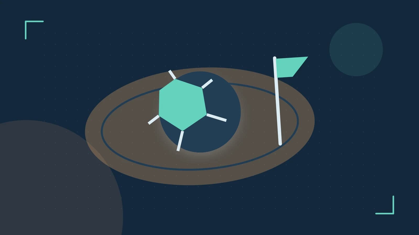 Editorial illustration of a stylized sports ball, stadium geometry and dynamic arcs