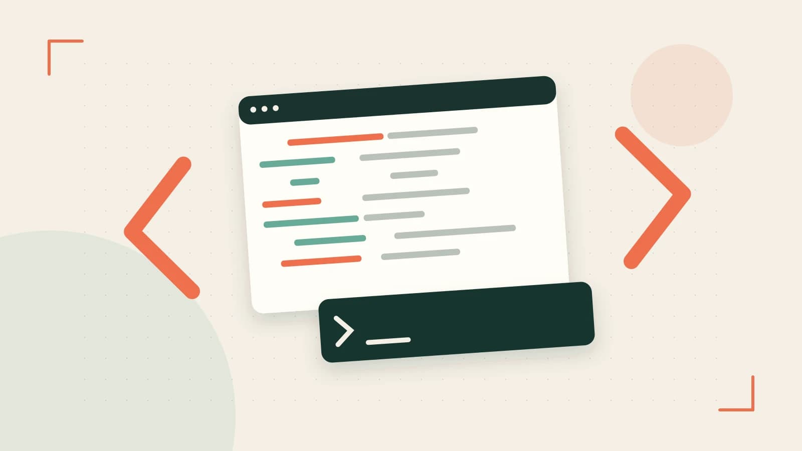 Editorial illustration of an abstract code editor, syntax blocks and oversized programming brackets