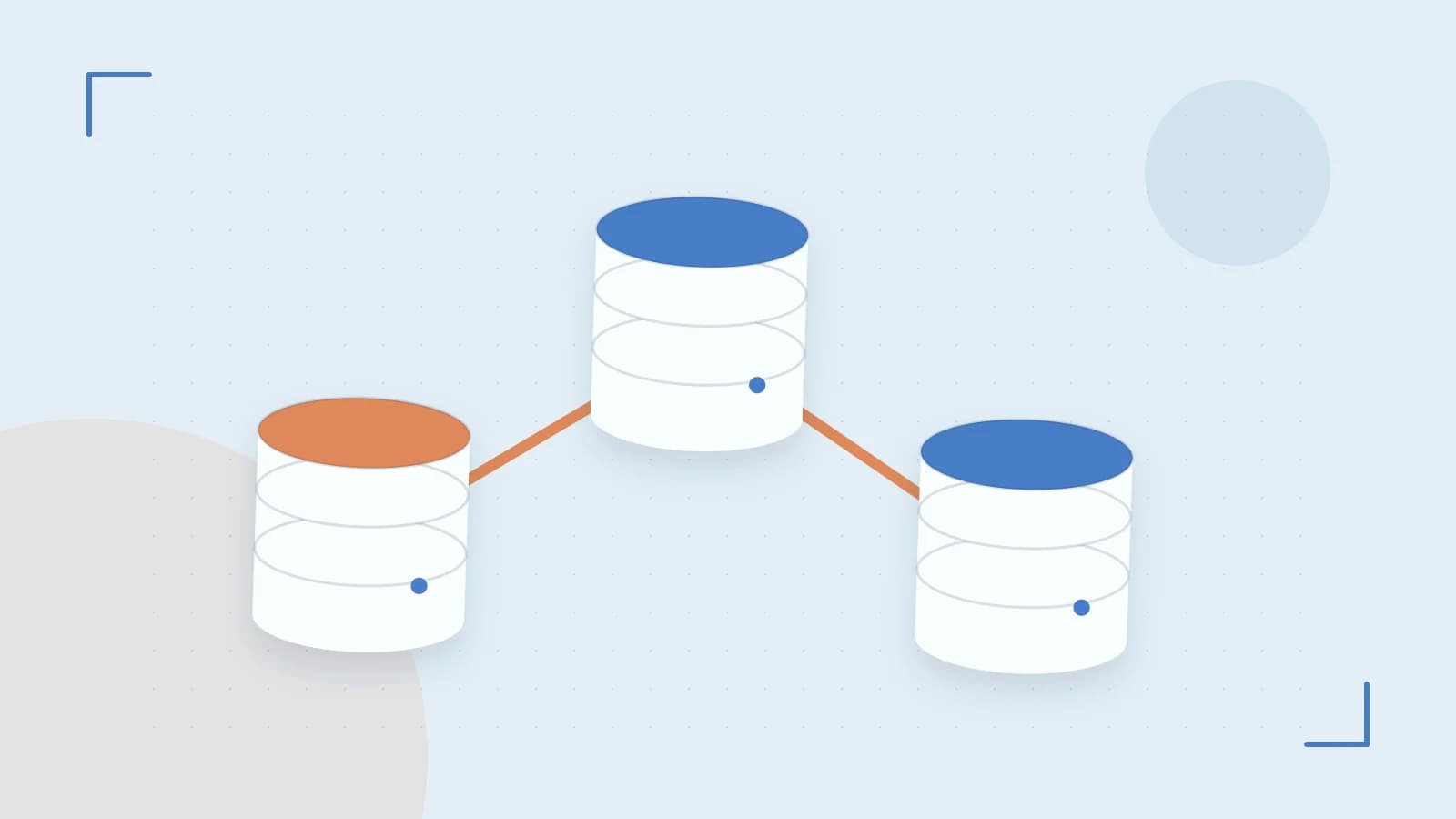 Editorial illustration of structured records, database cylinders and relationships between tables