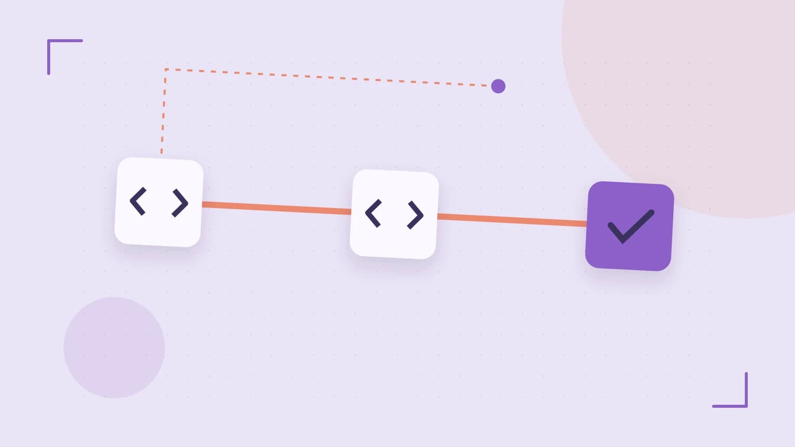Editorial illustration of a branching build pipeline, staged transformations and a completed check