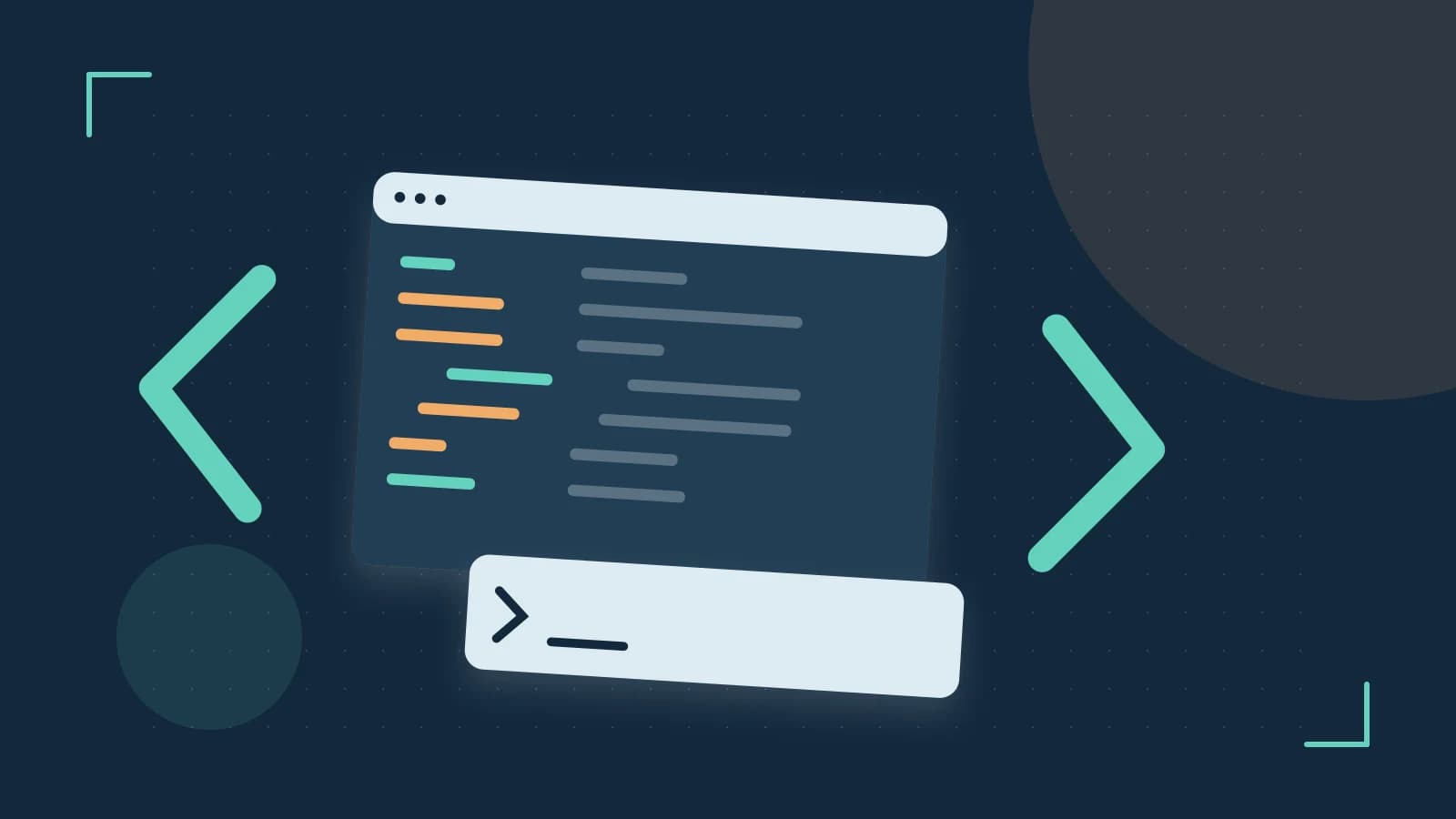 Editorial illustration of an abstract code editor, syntax blocks and oversized programming brackets