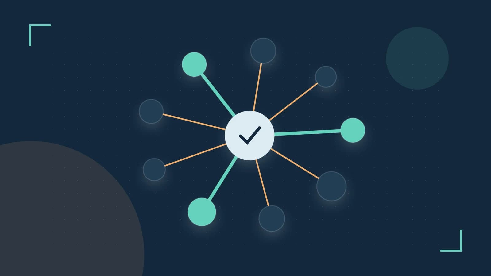 Editorial illustration of an algorithmic node graph with branching paths and a highlighted result