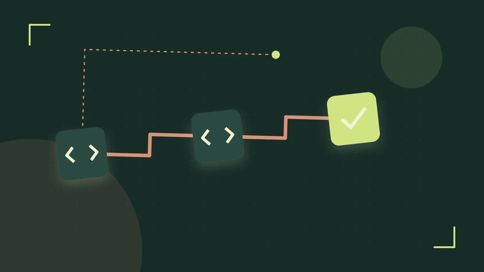 Editorial illustration of a branching build pipeline, staged transformations and a completed check