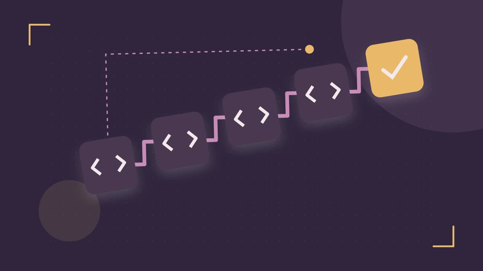 Editorial illustration of a branching build pipeline, staged transformations and a completed check