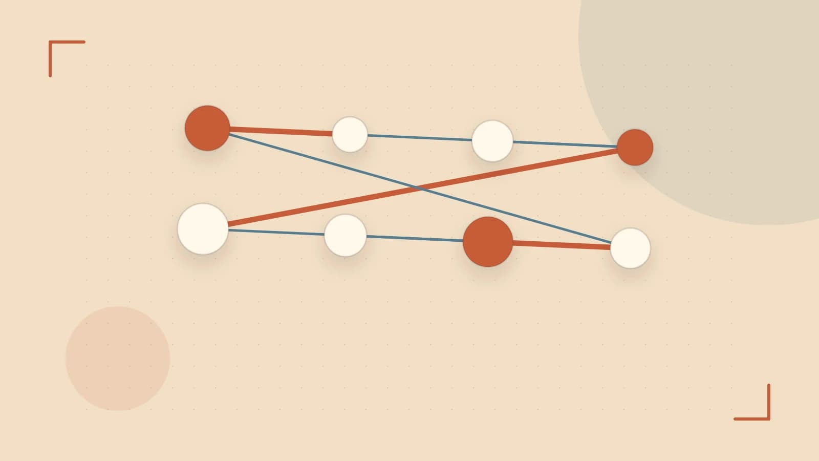 Editorial illustration of an algorithmic node graph with branching paths and a highlighted result