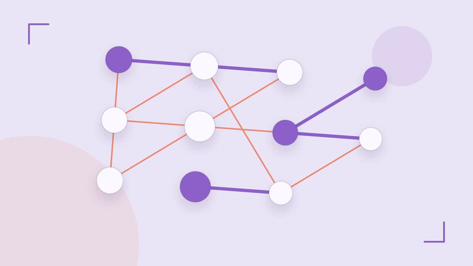 Editorial illustration of an algorithmic node graph with branching paths and a highlighted result