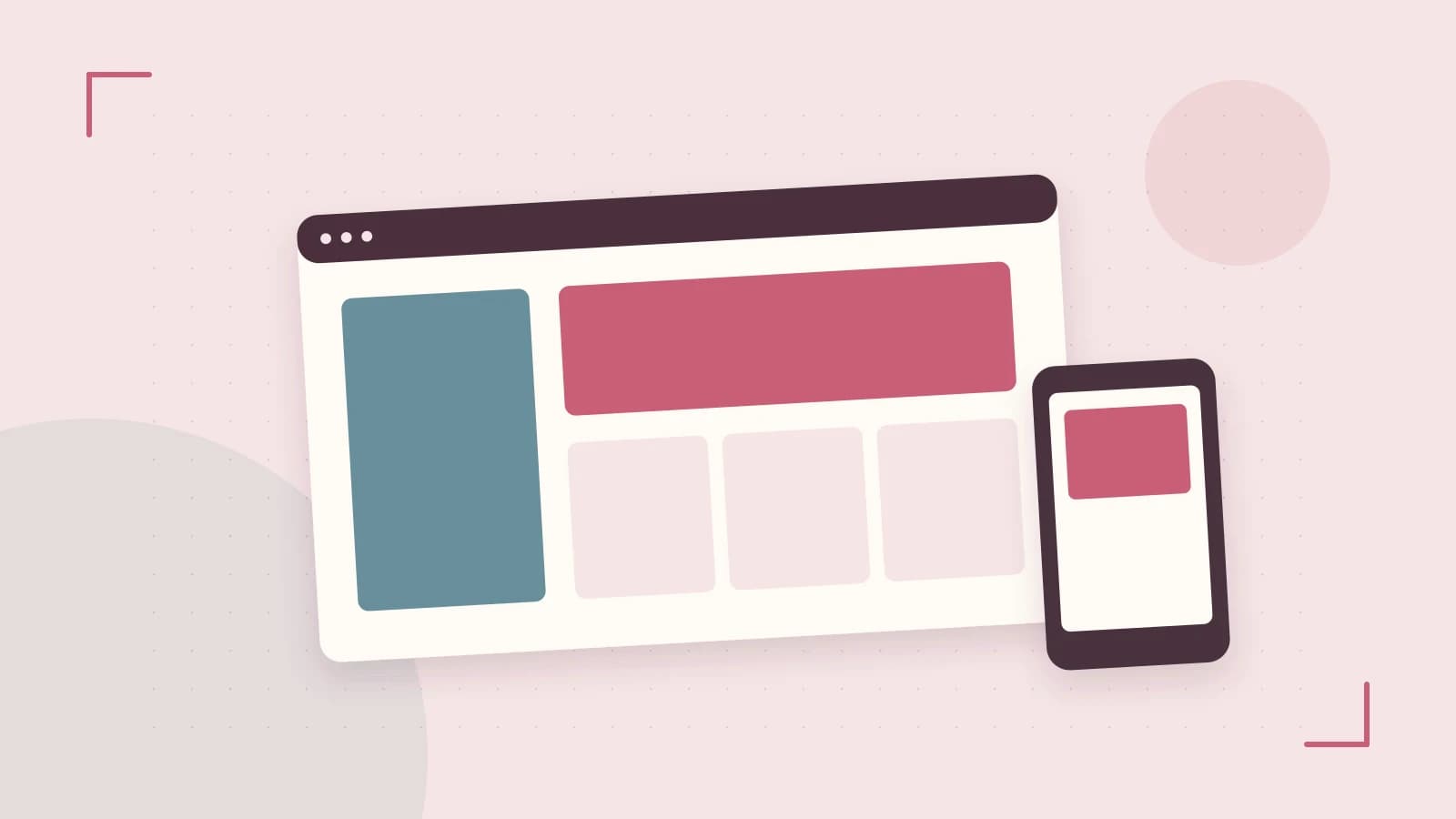 Editorial illustration of responsive browser layouts, overlapping design components and a color system