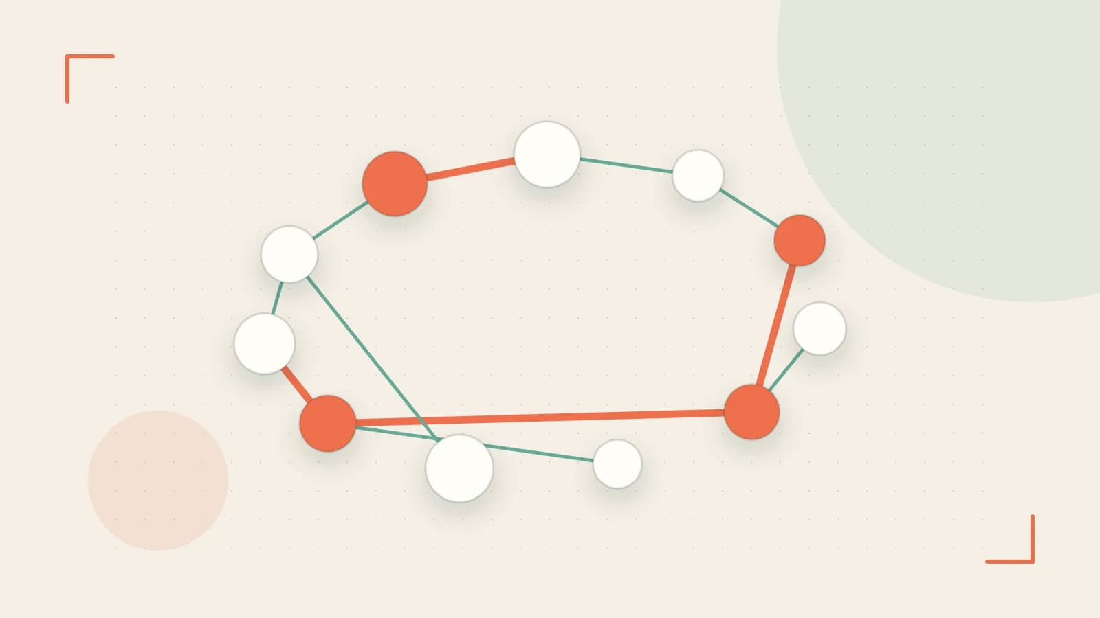 Editorial illustration of an algorithmic node graph with branching paths and a highlighted result
