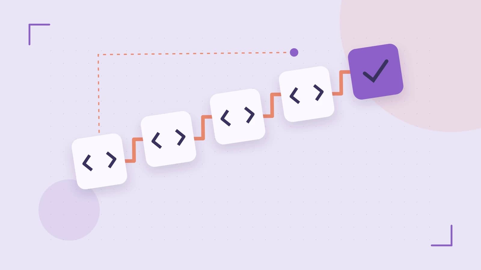 Editorial illustration of a branching build pipeline, staged transformations and a completed check