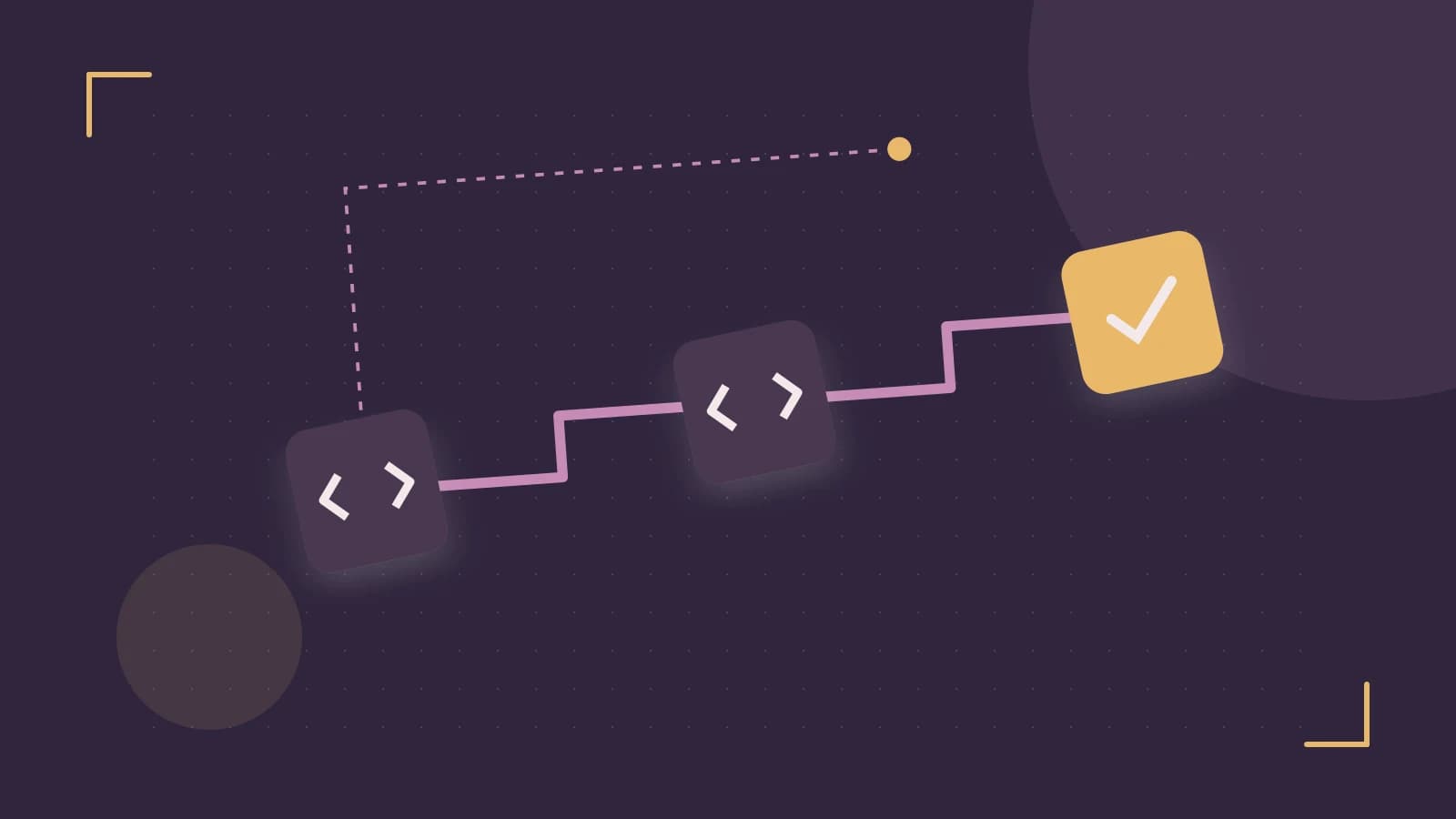 Editorial illustration of a branching build pipeline, staged transformations and a completed check