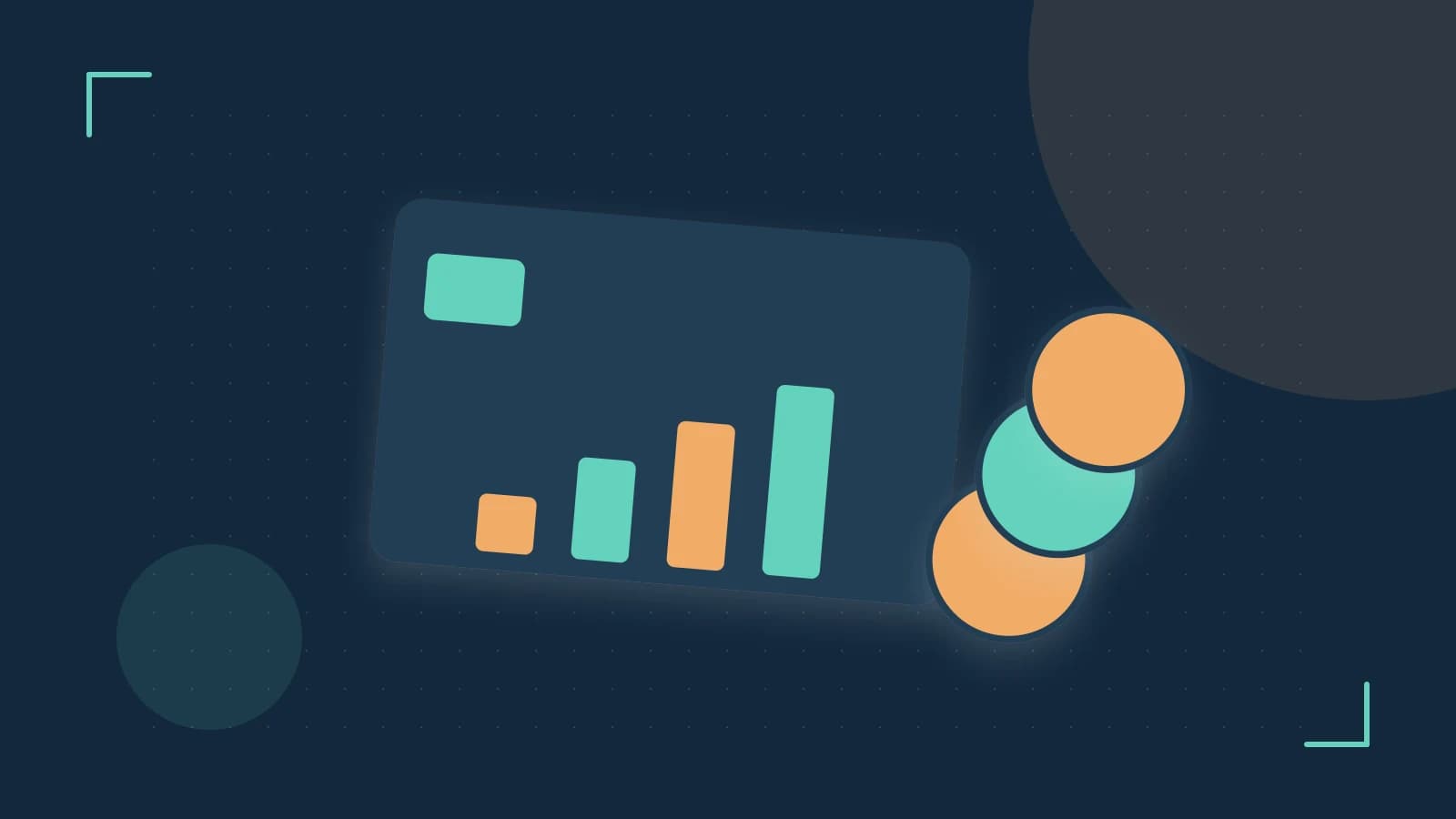 Editorial illustration of abstract coins, a payment card and a geometric financial chart without data labels