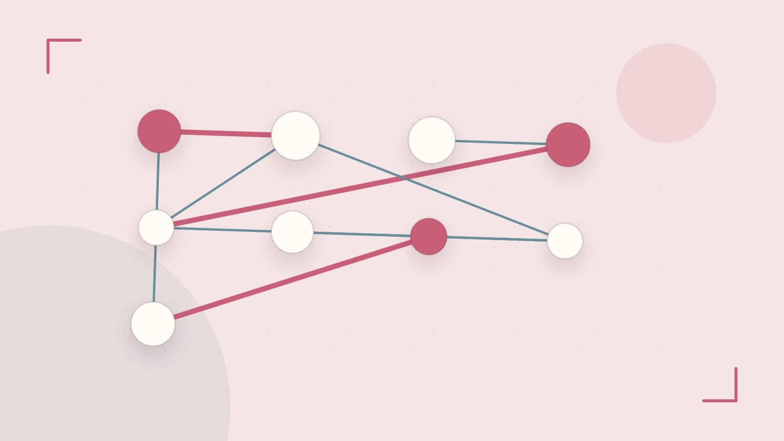 Editorial illustration of an algorithmic node graph with branching paths and a highlighted result