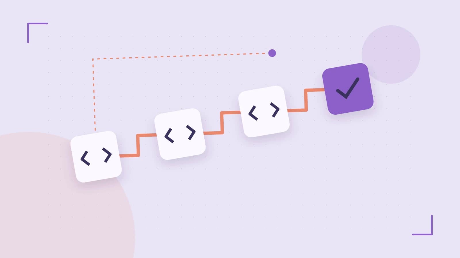 Editorial illustration of a branching build pipeline, staged transformations and a completed check