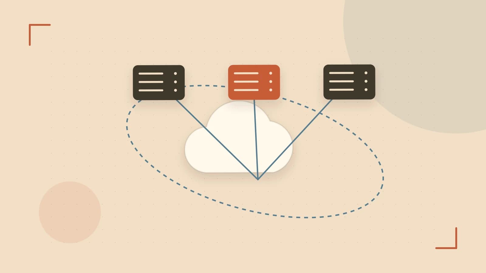 Editorial illustration of cloud infrastructure, connected server racks and an orbital service map