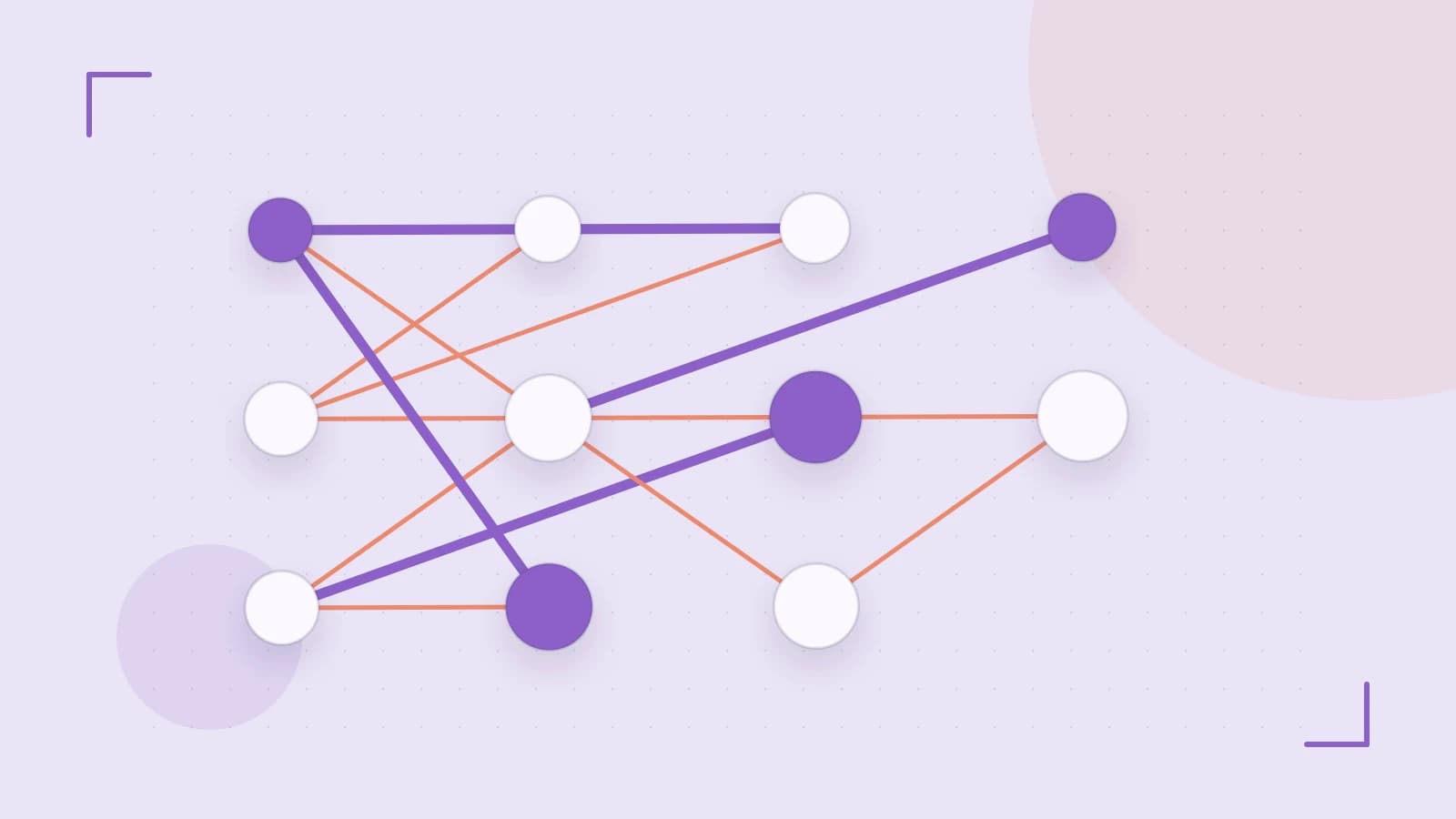 Editorial illustration of an algorithmic node graph with branching paths and a highlighted result