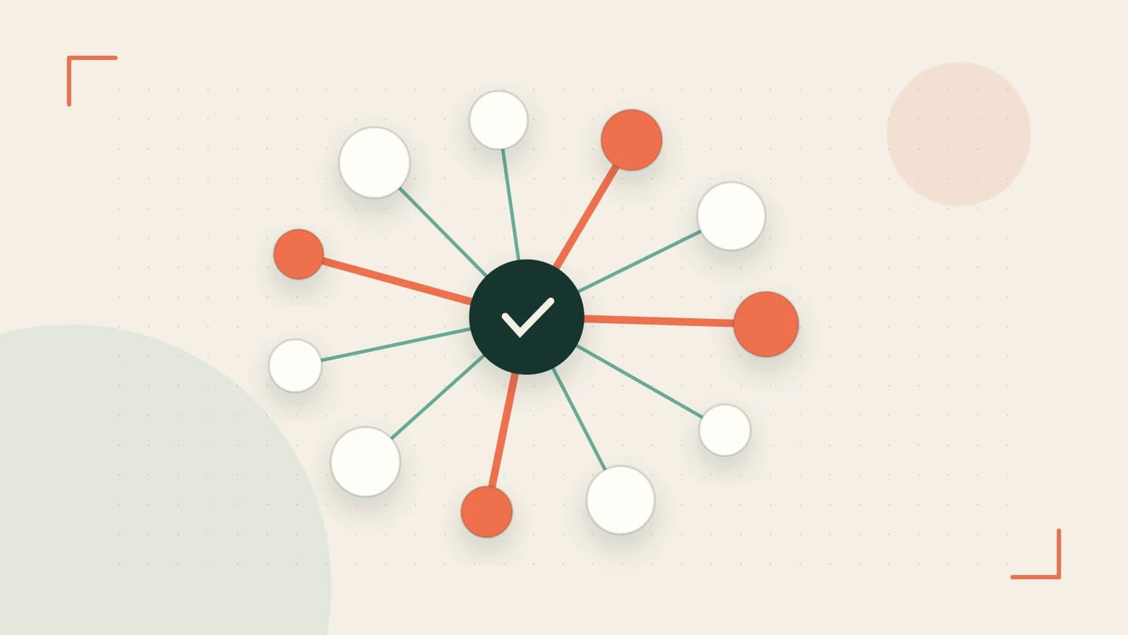 Editorial illustration of an algorithmic node graph with branching paths and a highlighted result