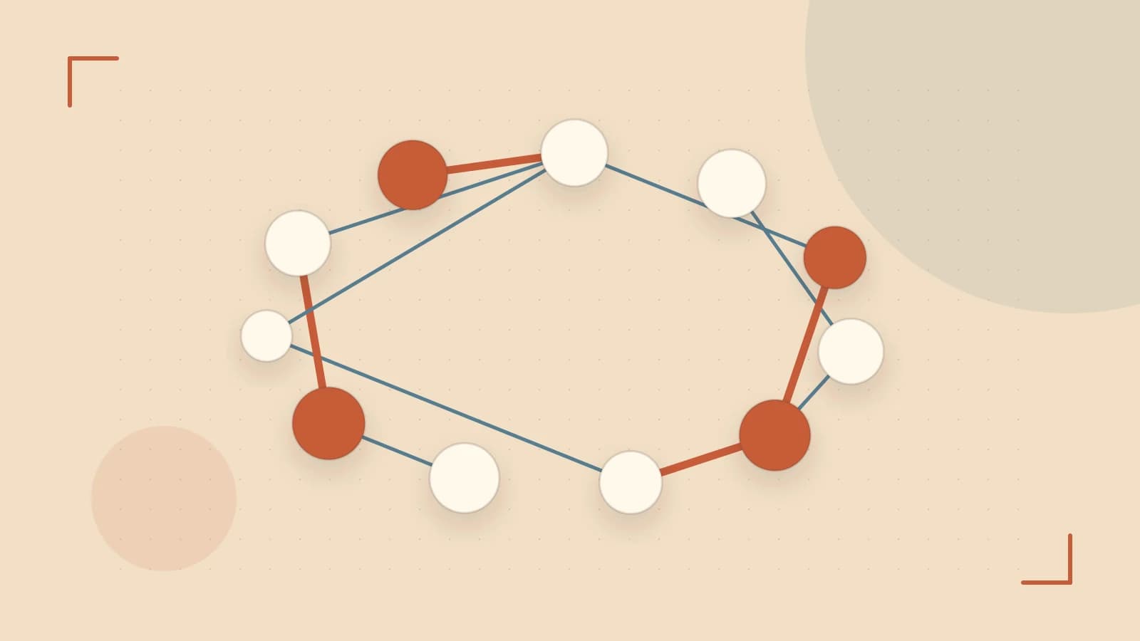 Editorial illustration of an algorithmic node graph with branching paths and a highlighted result