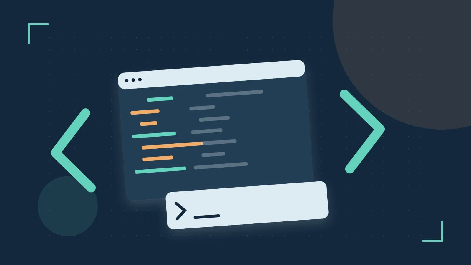 Editorial illustration of an abstract code editor, syntax blocks and oversized programming brackets