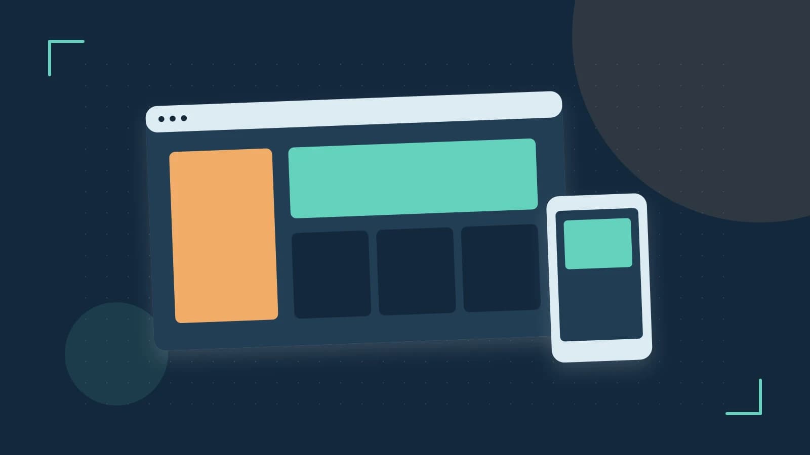 Editorial illustration of responsive browser layouts, overlapping design components and a color system