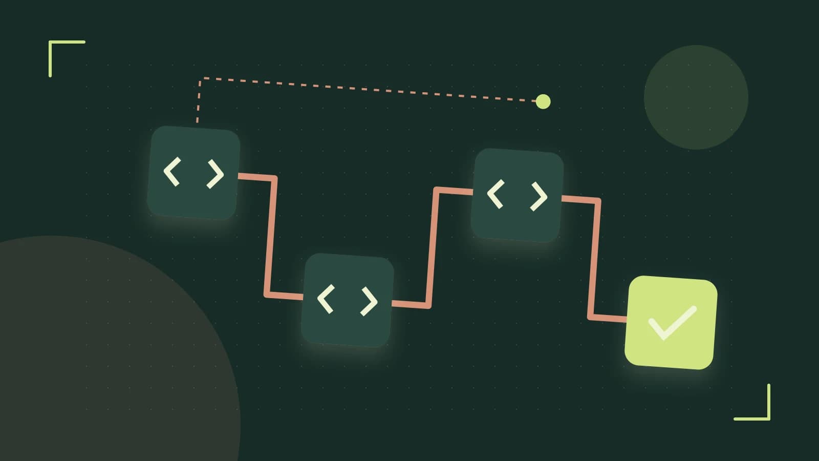 Editorial illustration of a branching build pipeline, staged transformations and a completed check