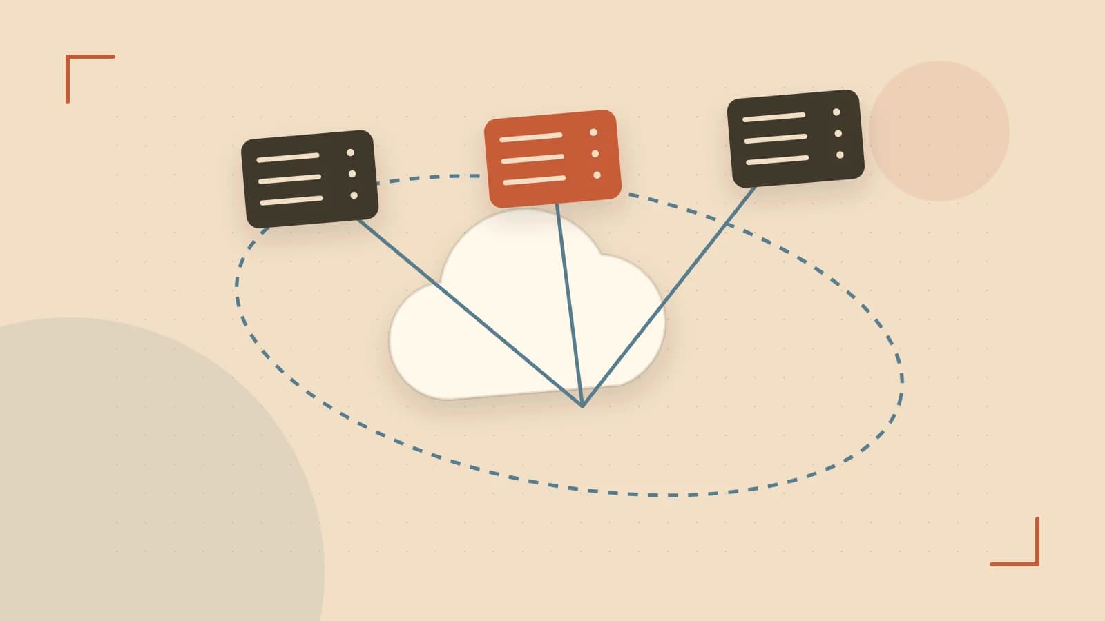 Editorial illustration of cloud infrastructure, connected server racks and an orbital service map