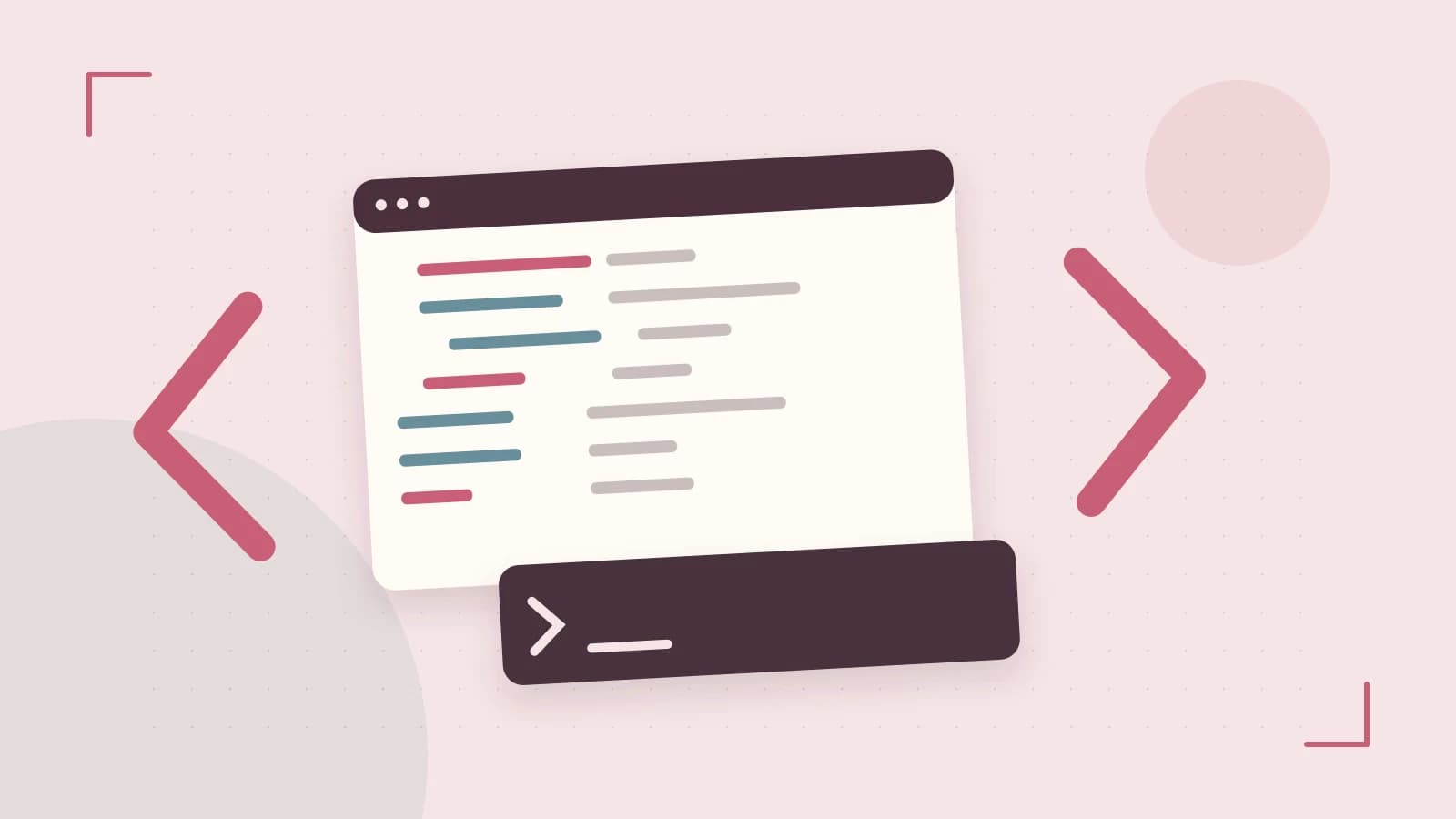 Editorial illustration of an abstract code editor, syntax blocks and oversized programming brackets