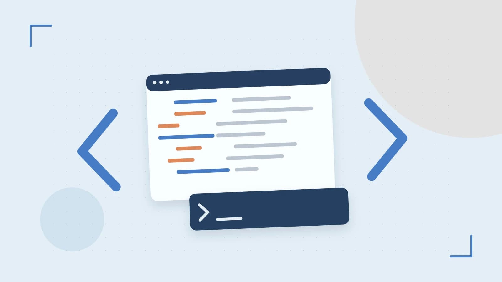 Editorial illustration of an abstract code editor, syntax blocks and oversized programming brackets
