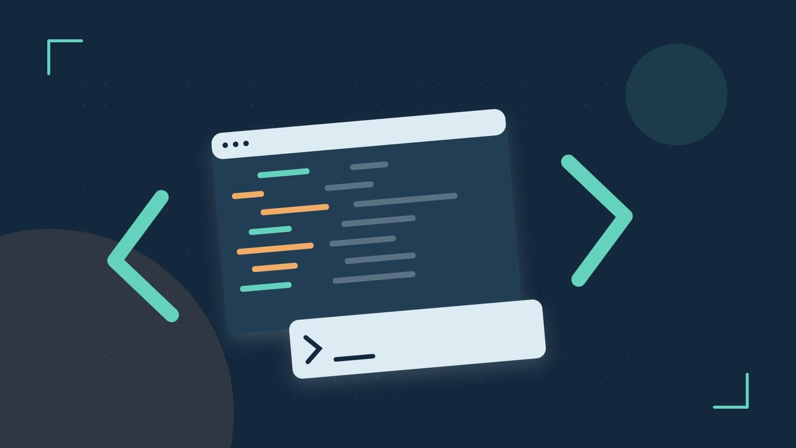 Editorial illustration of an abstract code editor, syntax blocks and oversized programming brackets