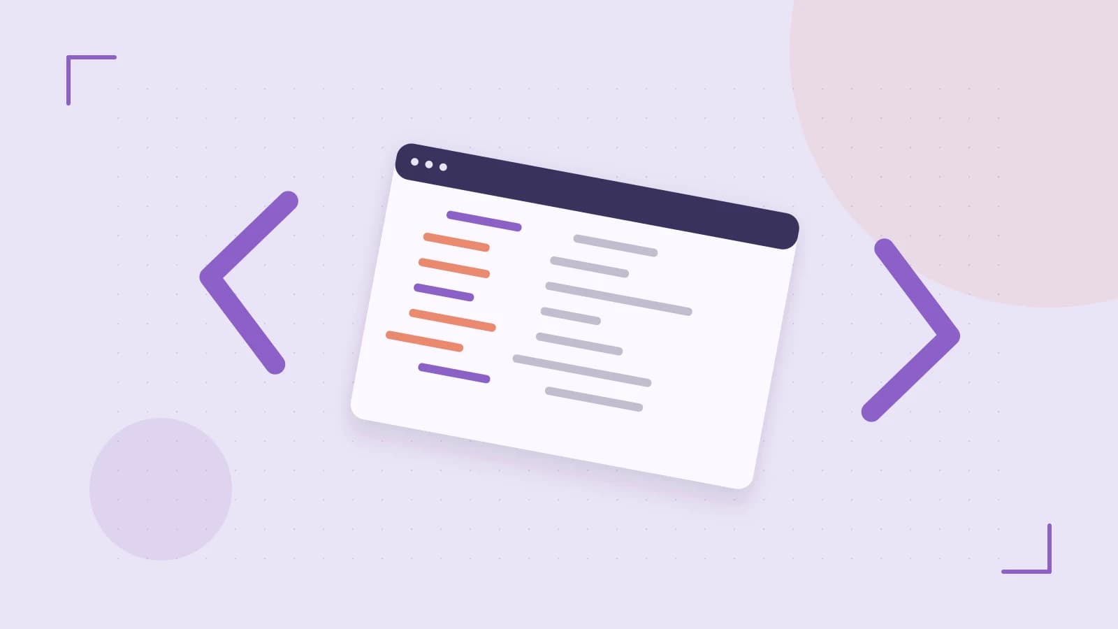Editorial illustration of an abstract code editor, syntax blocks and oversized programming brackets