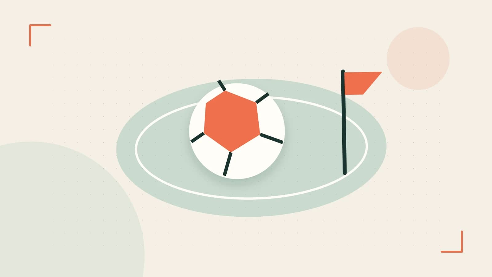 Editorial illustration of a stylized sports ball, stadium geometry and dynamic arcs
