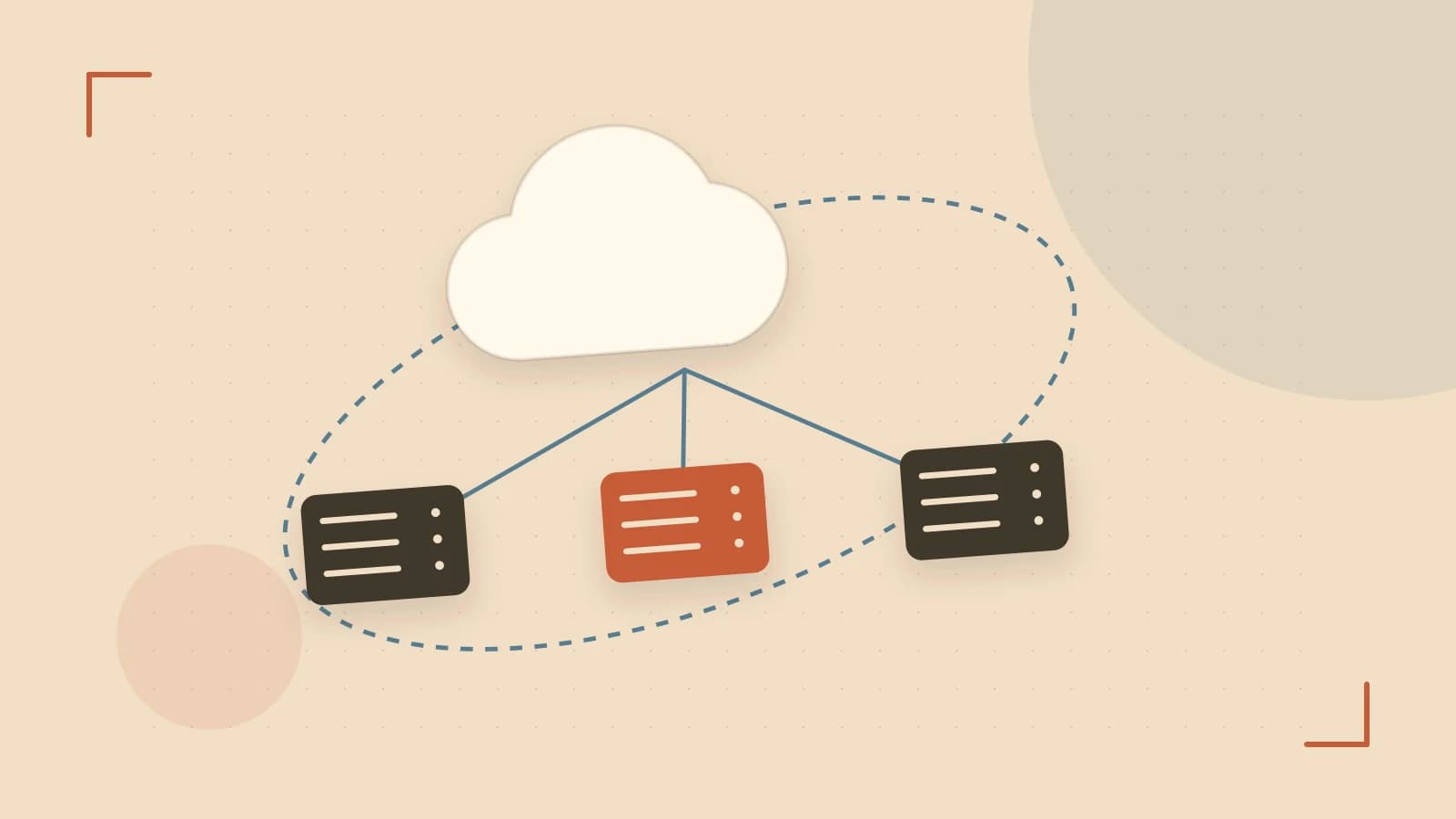 Editorial illustration of cloud infrastructure, connected server racks and an orbital service map