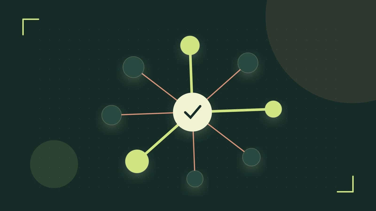 Editorial illustration of an algorithmic node graph with branching paths and a highlighted result