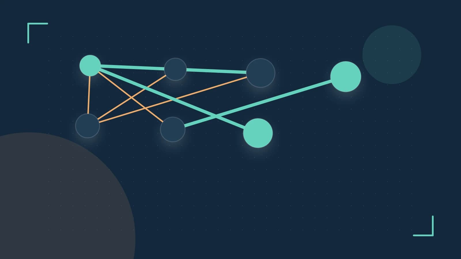 Editorial illustration of an algorithmic node graph with branching paths and a highlighted result