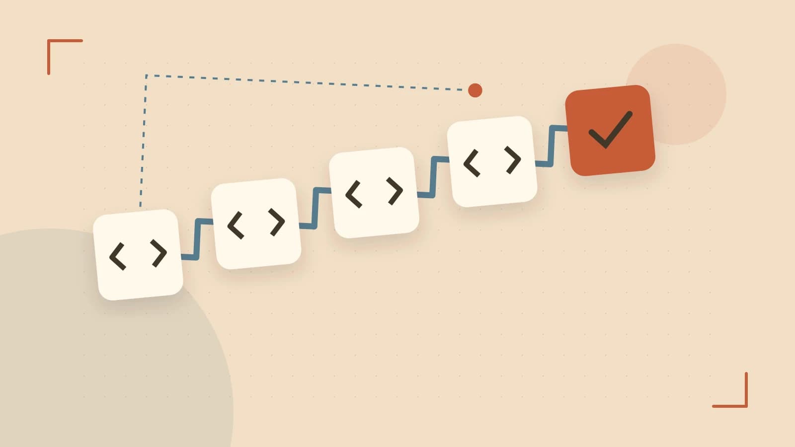 Editorial illustration of a branching build pipeline, staged transformations and a completed check