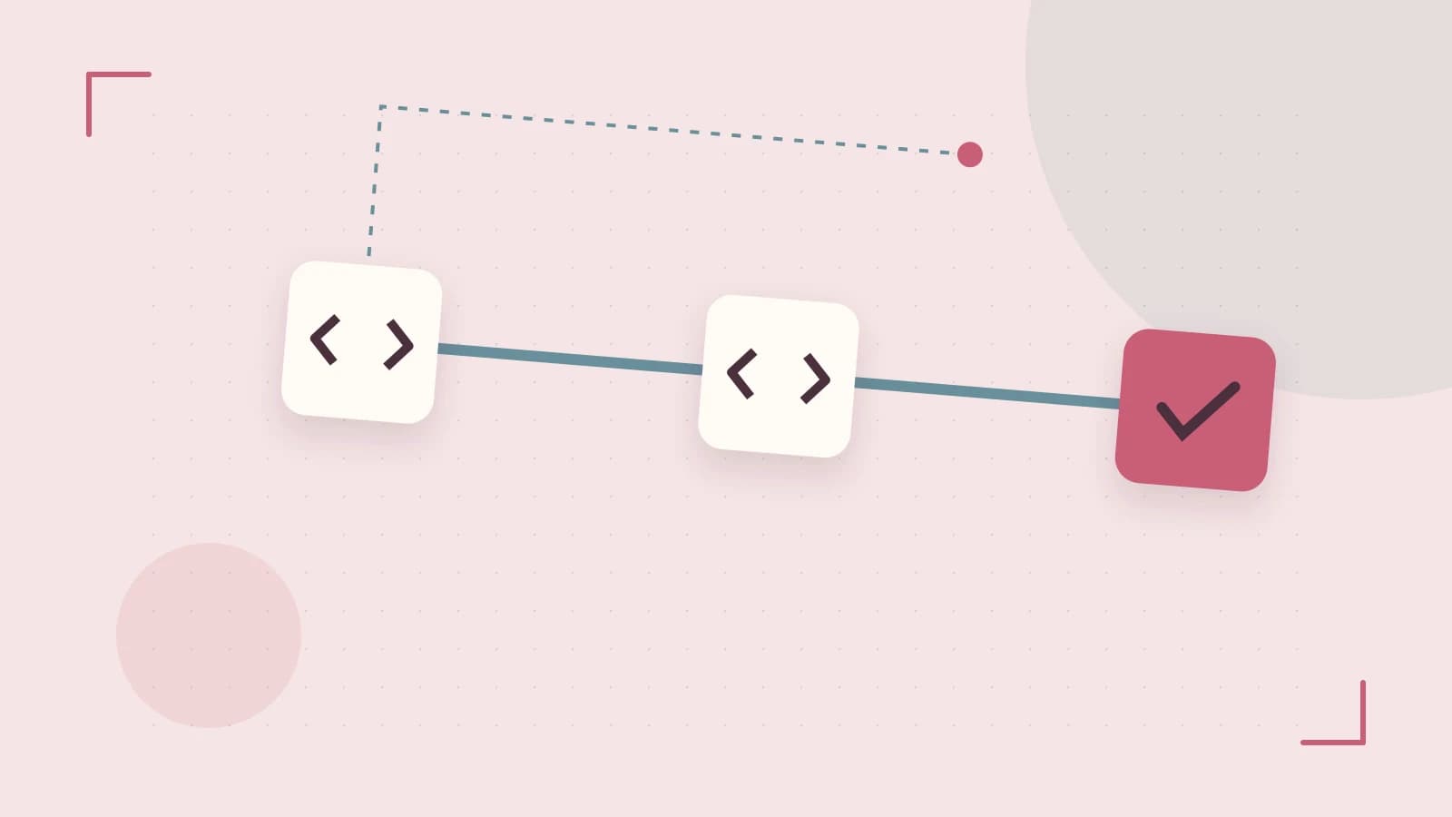 Editorial illustration of a branching build pipeline, staged transformations and a completed check