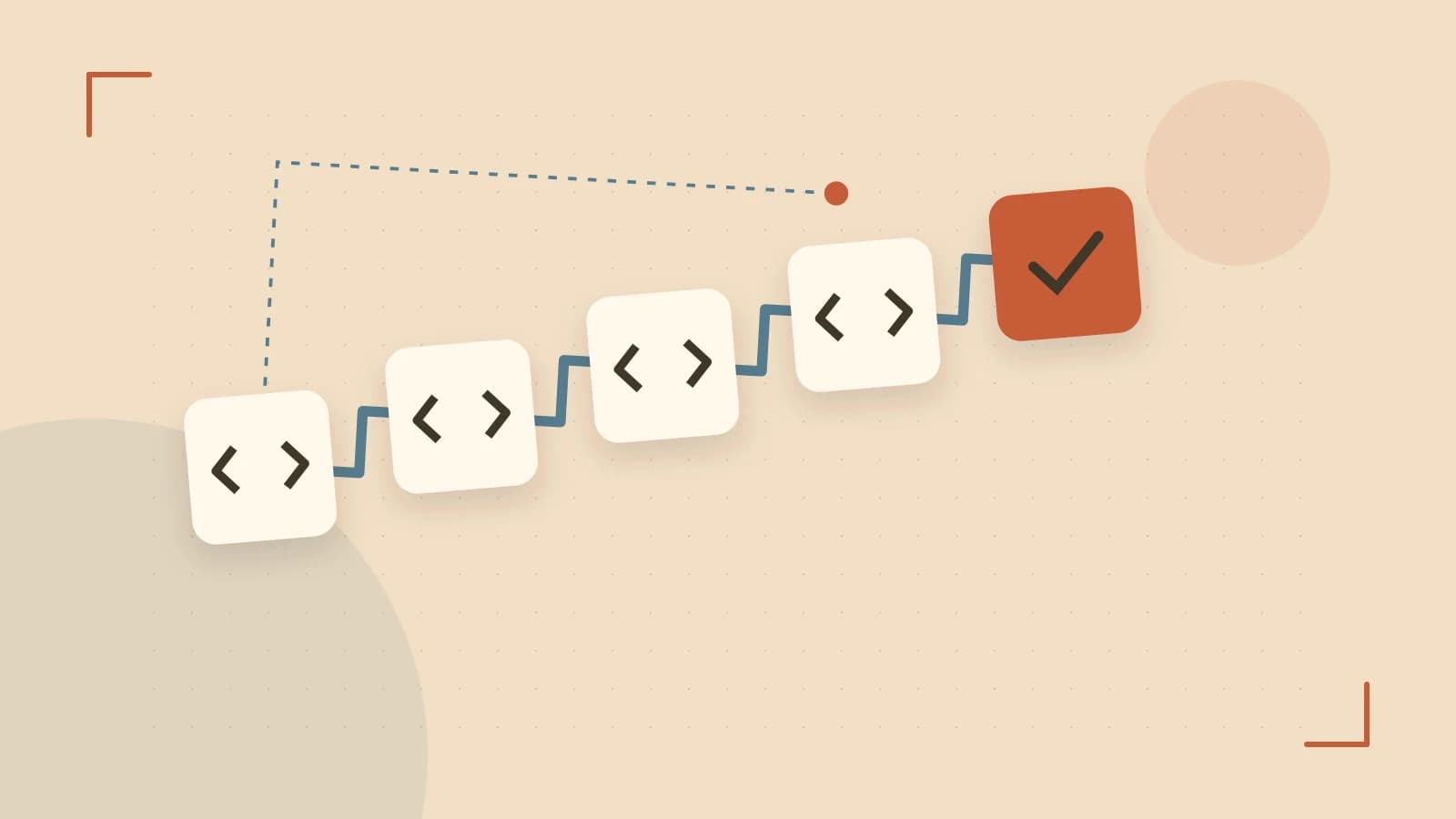 Editorial illustration of a branching build pipeline, staged transformations and a completed check
