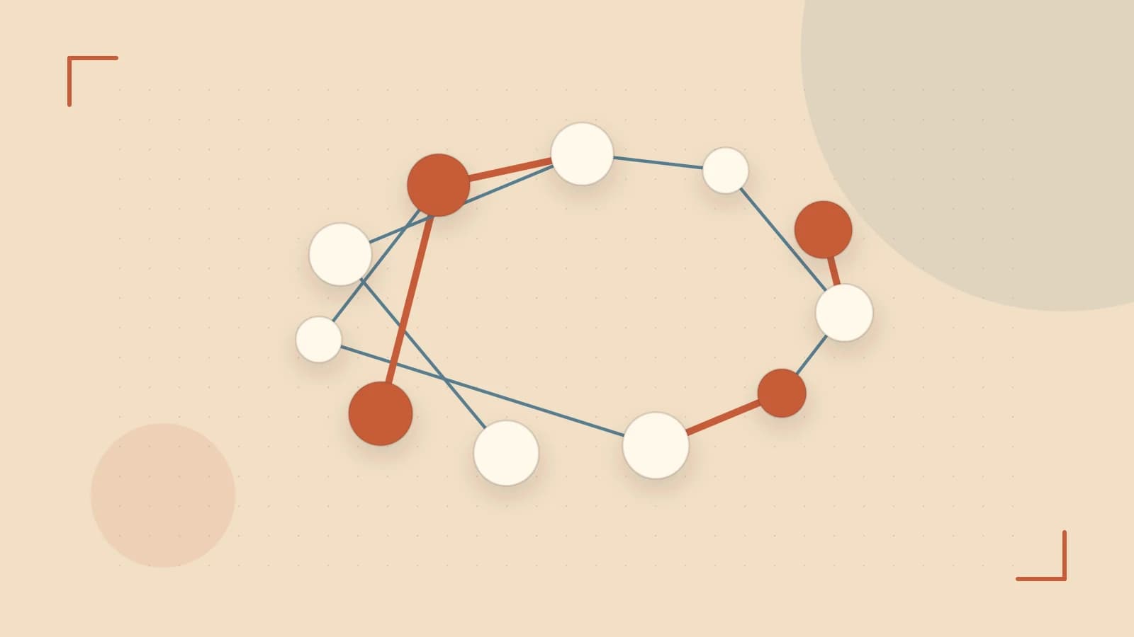 Editorial illustration of an algorithmic node graph with branching paths and a highlighted result