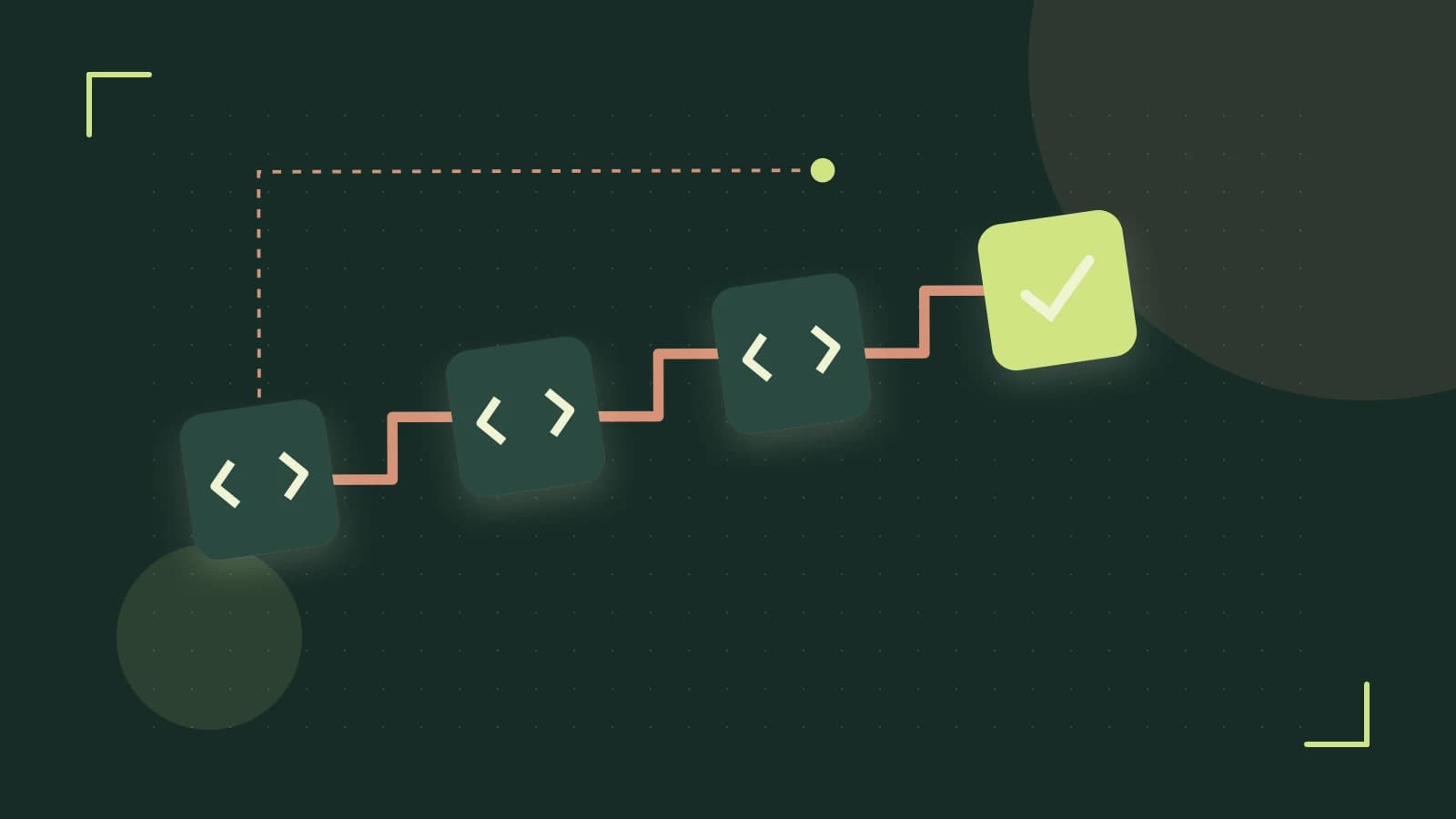 Editorial illustration of a branching build pipeline, staged transformations and a completed check