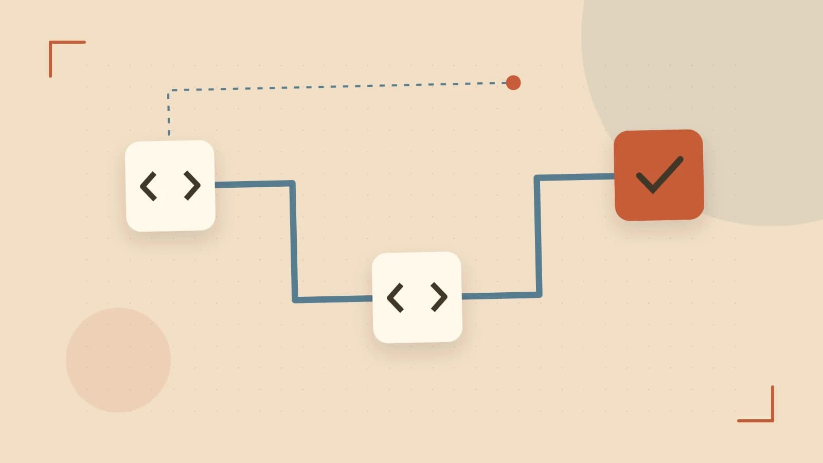 Editorial illustration of a branching build pipeline, staged transformations and a completed check
