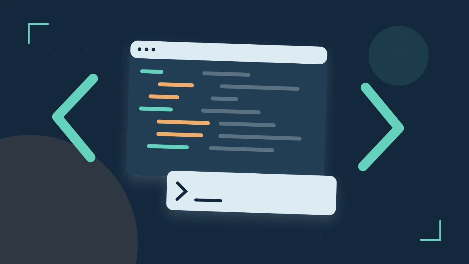 Editorial illustration of an abstract code editor, syntax blocks and oversized programming brackets