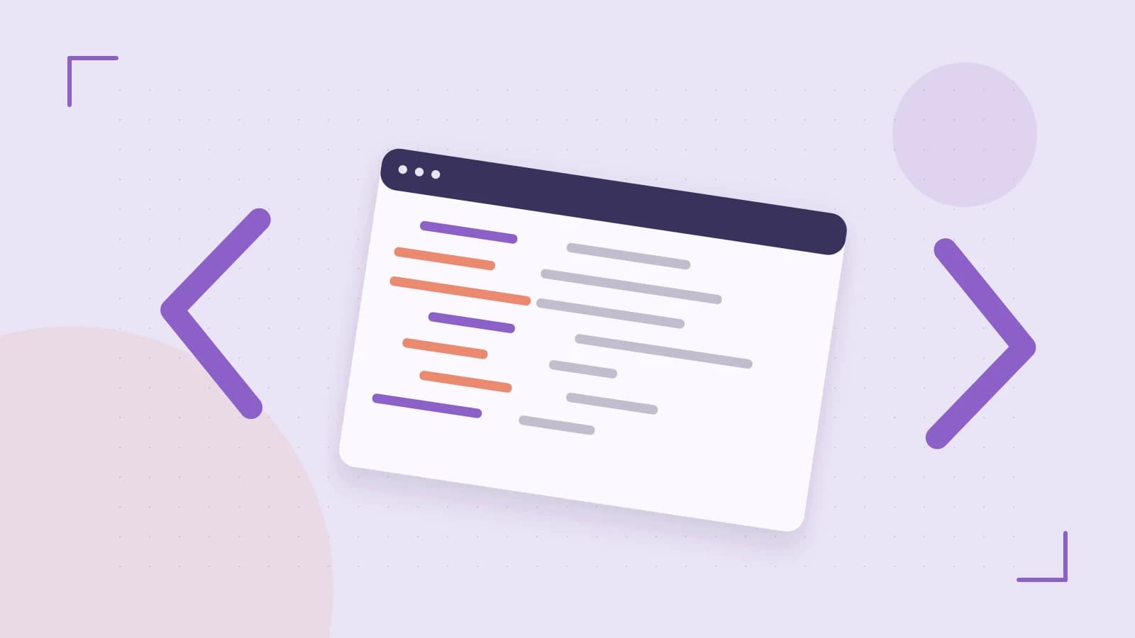 Editorial illustration of an abstract code editor, syntax blocks and oversized programming brackets
