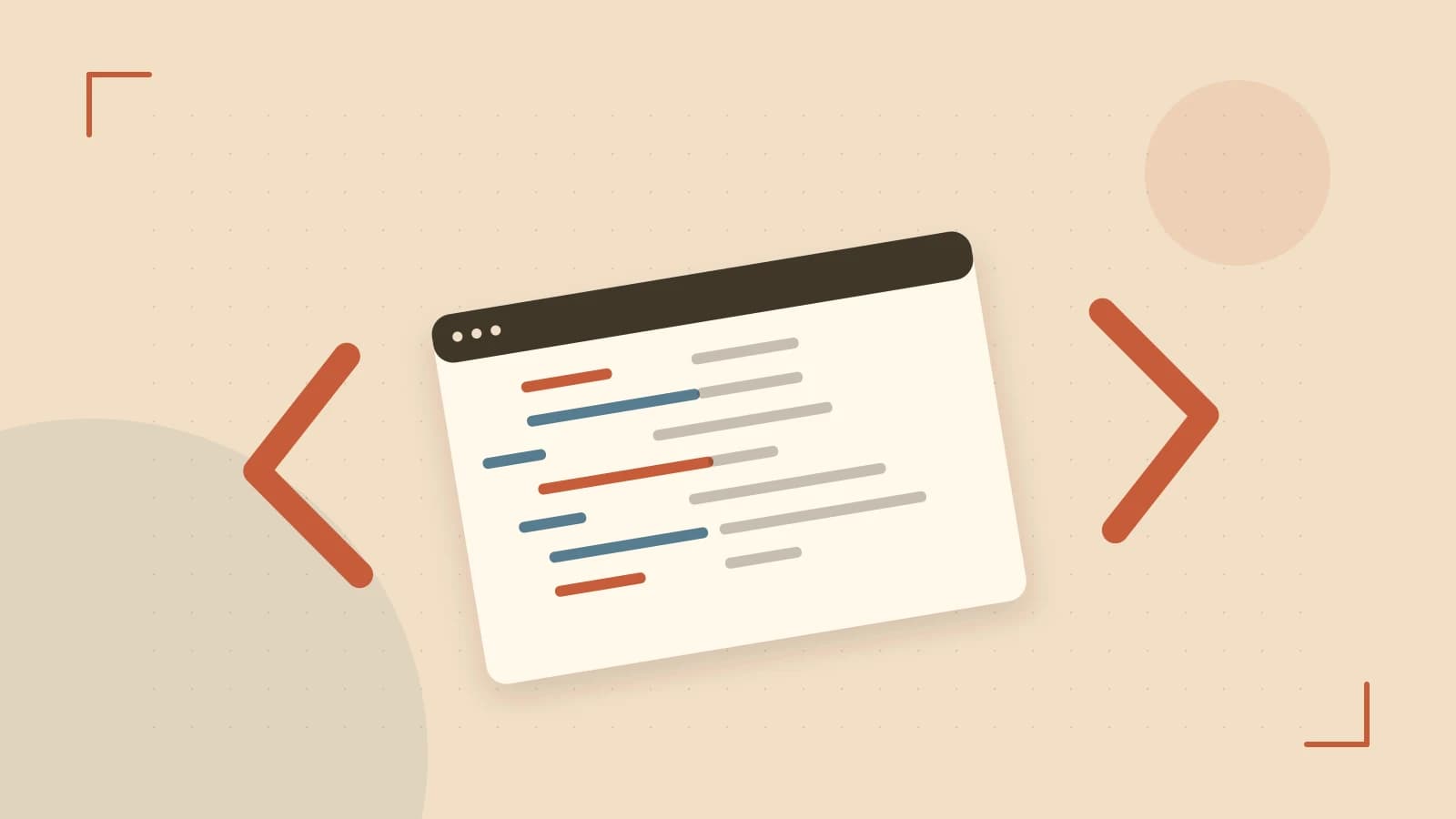 Editorial illustration of an abstract code editor, syntax blocks and oversized programming brackets