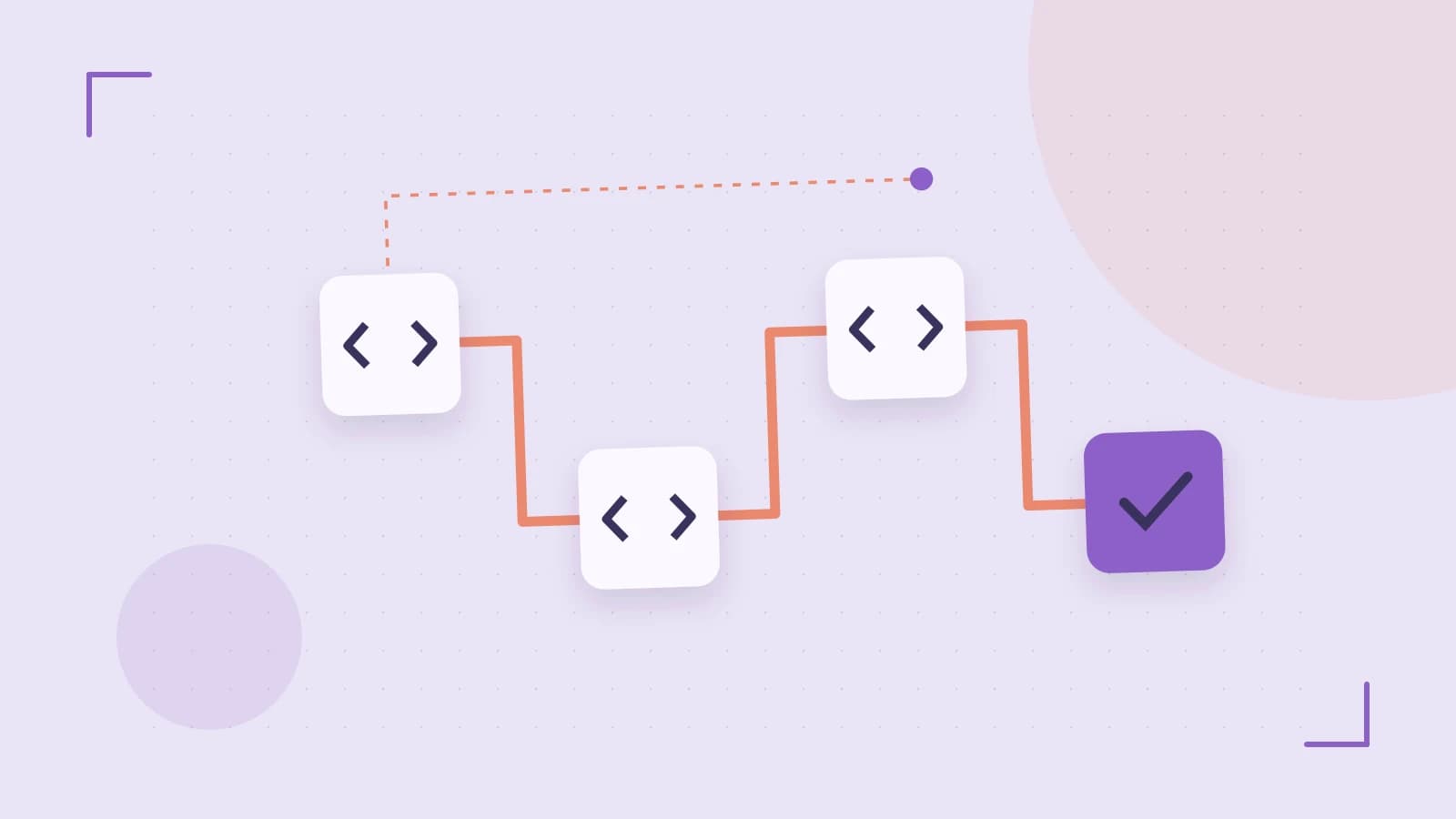 Editorial illustration of a branching build pipeline, staged transformations and a completed check