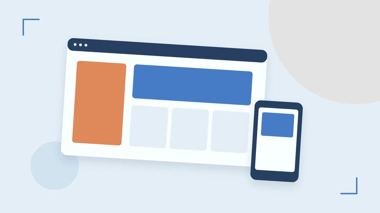 Editorial illustration of responsive browser layouts, overlapping design components and a color system