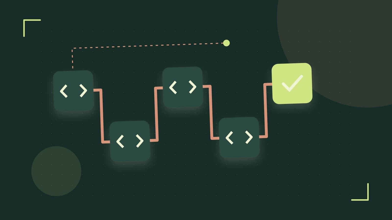 Editorial illustration of a branching build pipeline, staged transformations and a completed check