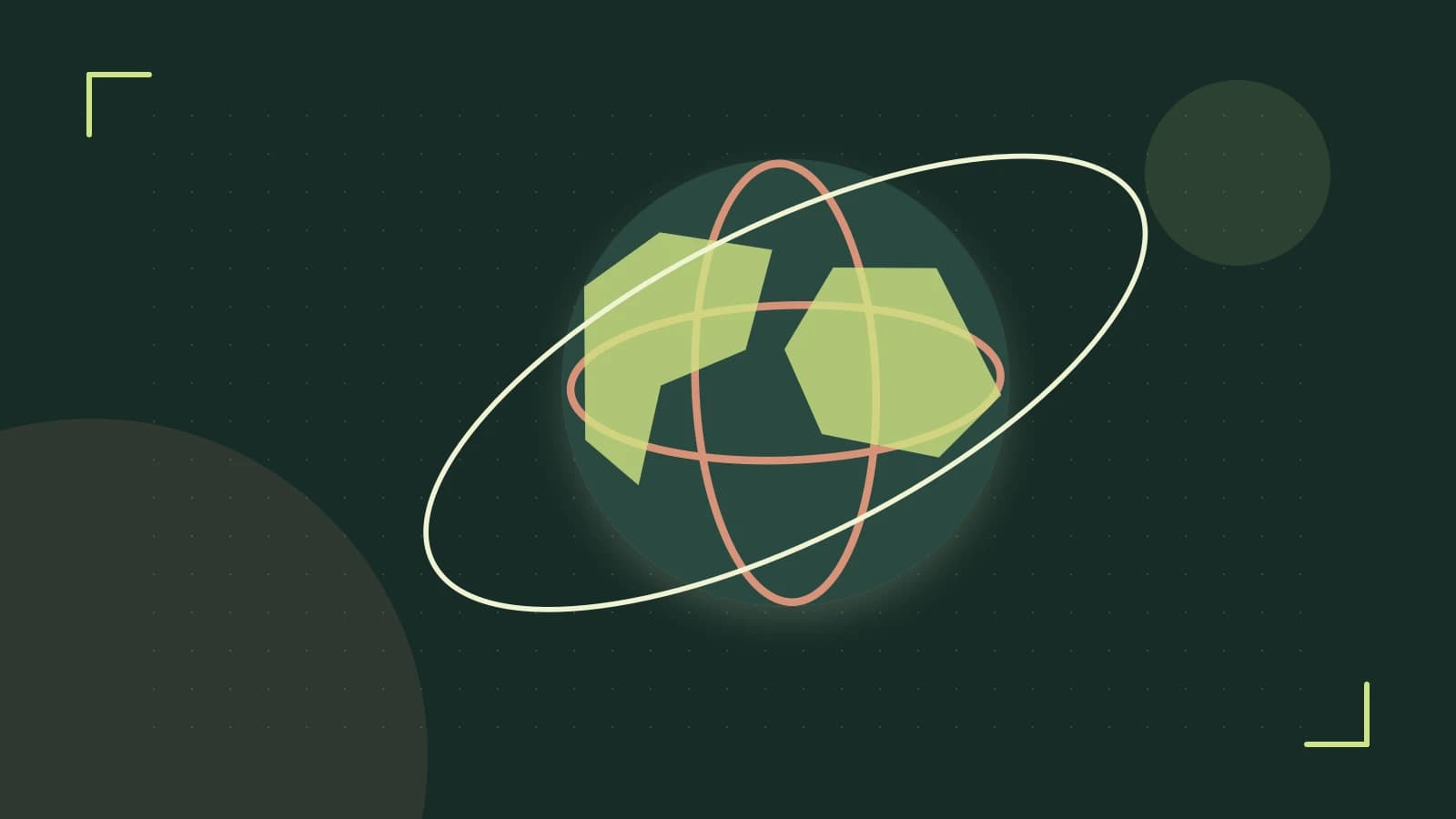 Editorial illustration of an editorial globe with meridians and layered geographic shapes