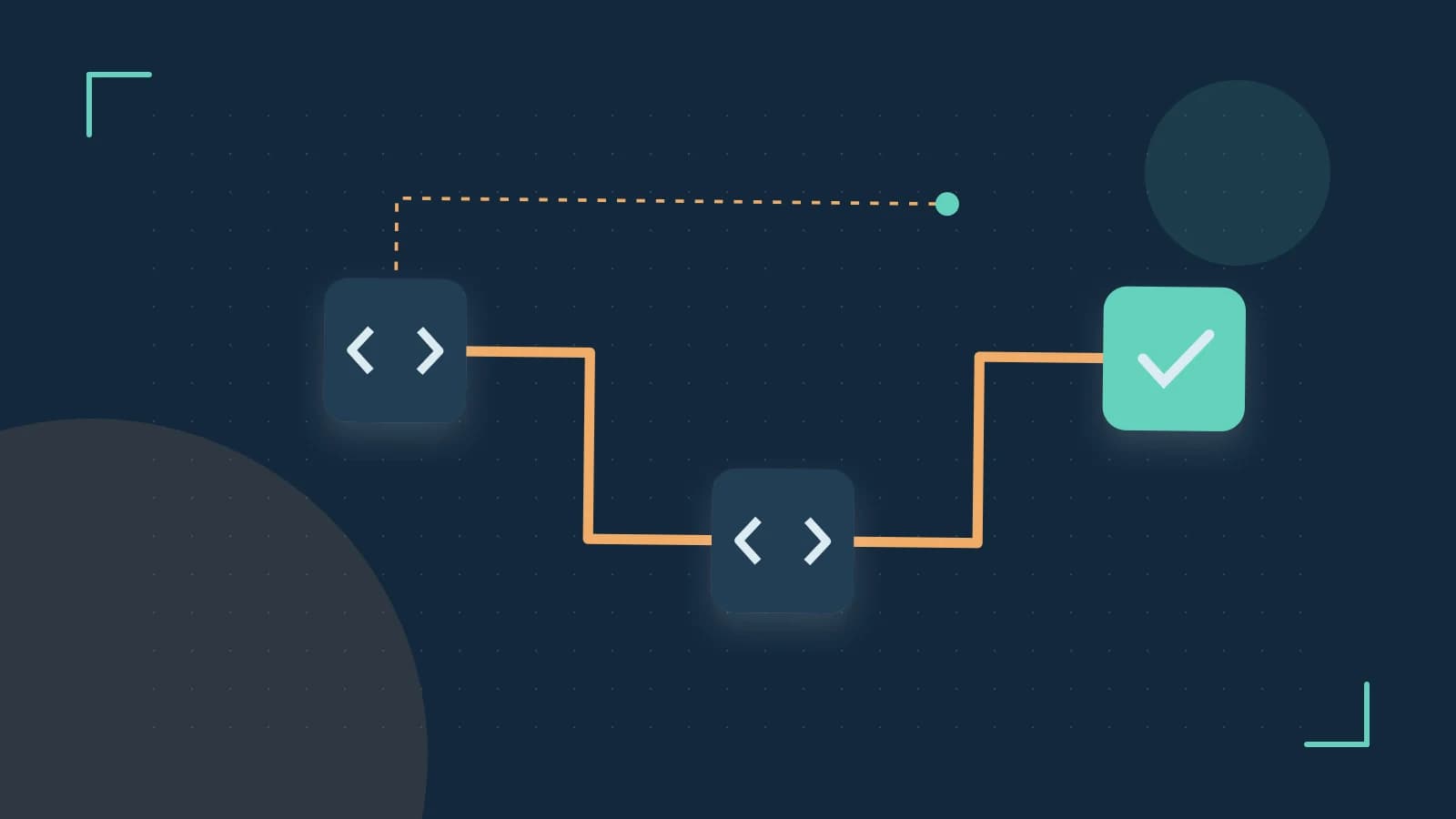 Editorial illustration of a branching build pipeline, staged transformations and a completed check