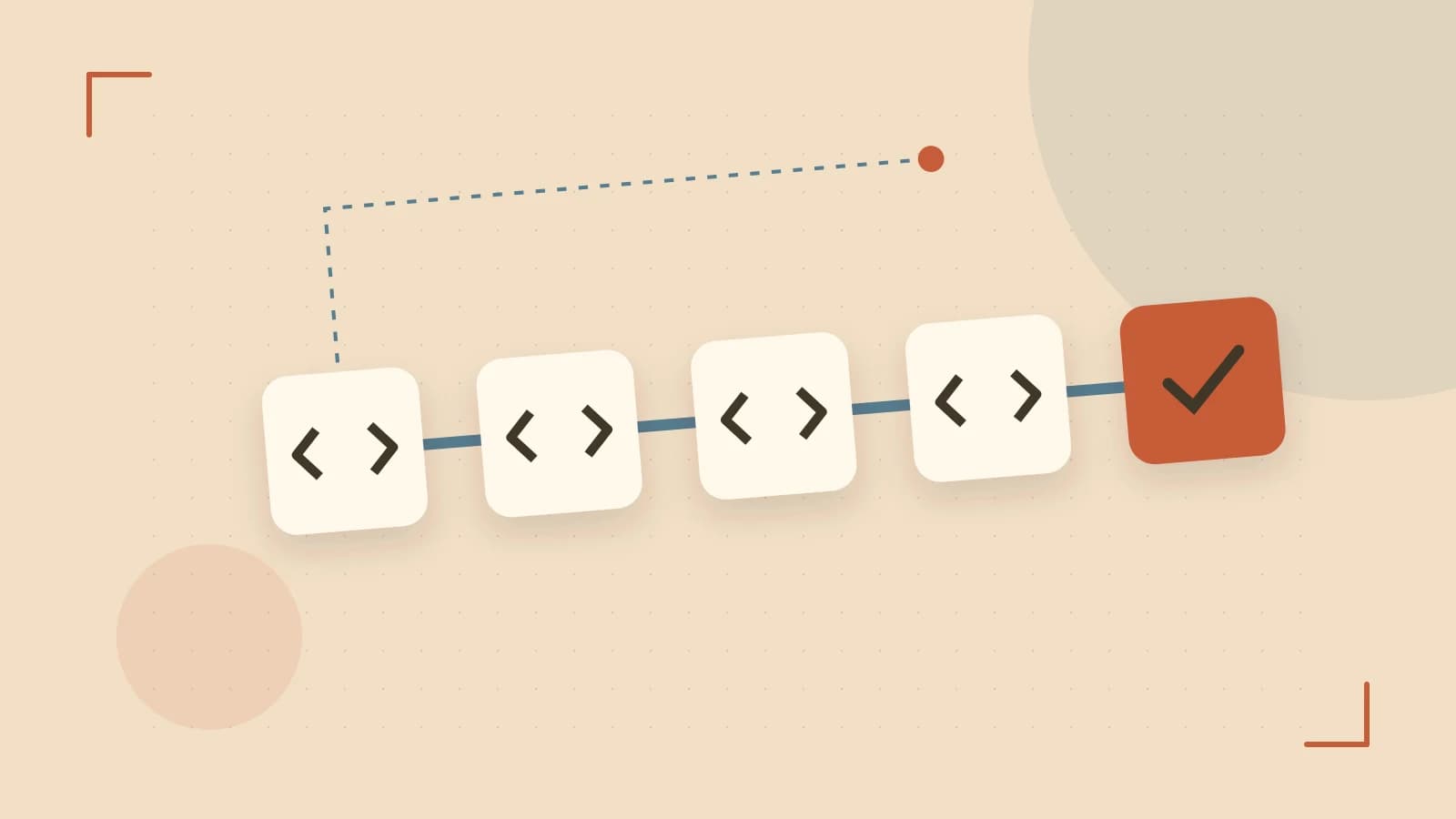 Editorial illustration of a branching build pipeline, staged transformations and a completed check